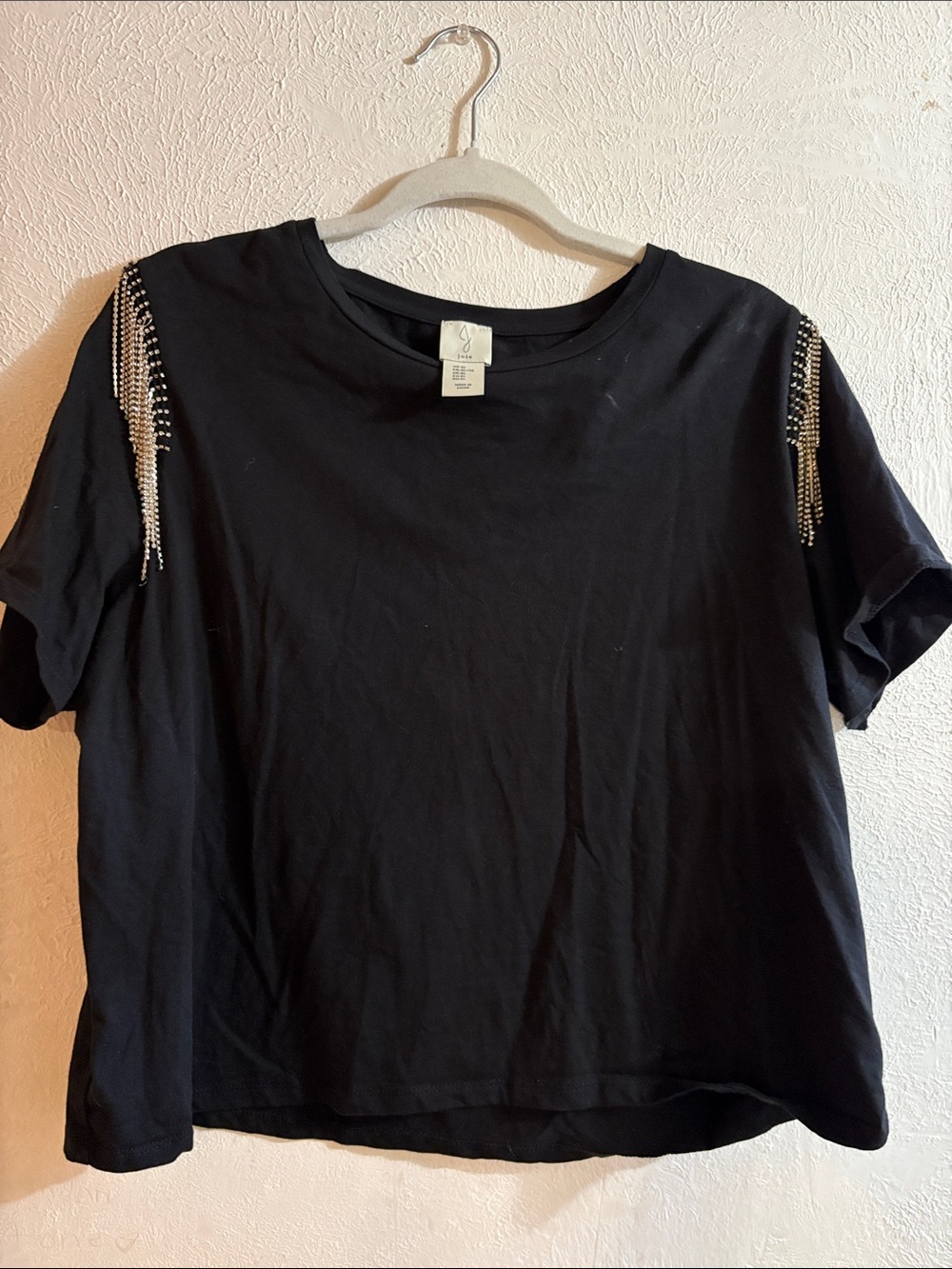 Francesca's Collections Black Short Sleeve Tee with Shoulder Rhinestone Fringe